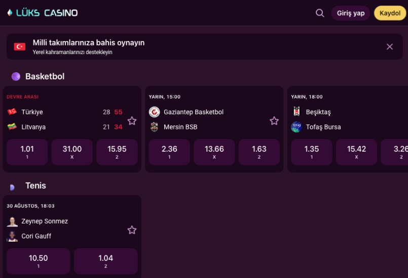 Lux Casino milli takım karşılaşmalarına bahis ekranı