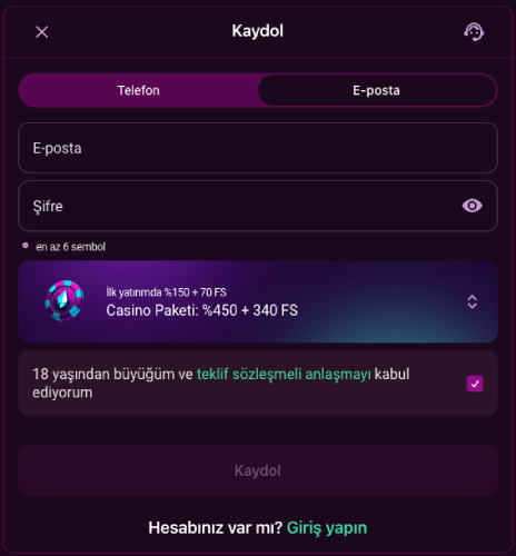 Lux Casino e-posta ile kayıt formu