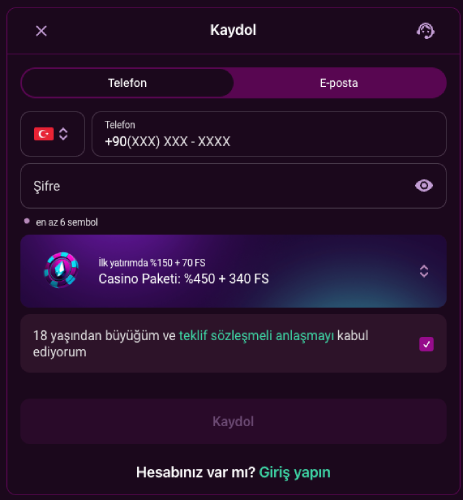 Lux Casino telefonla kayıt ekranı