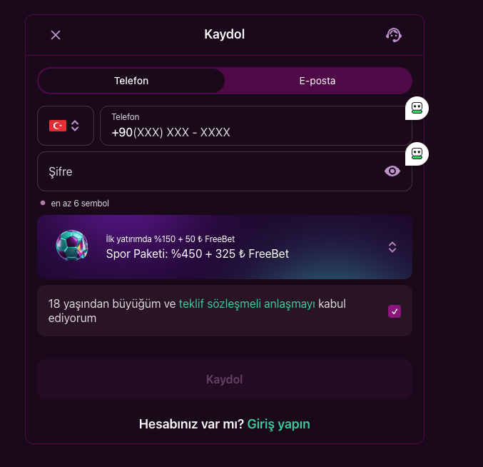 Lux Casino kayıt formunda paket seçimi