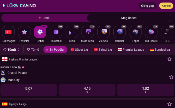 Lux Casino maç öncesi bahis ekranı görünümü